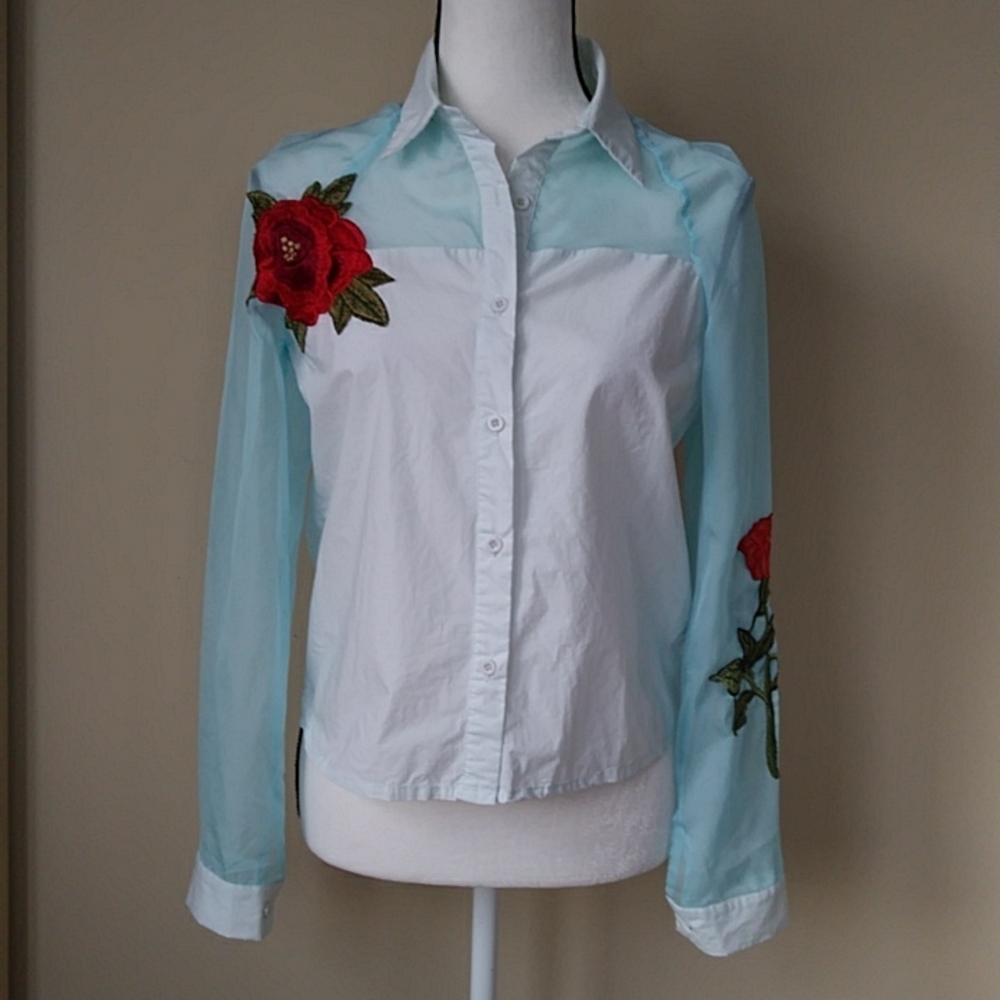 Embellished Applique Floral Button Down Retro Blouse S Blue White